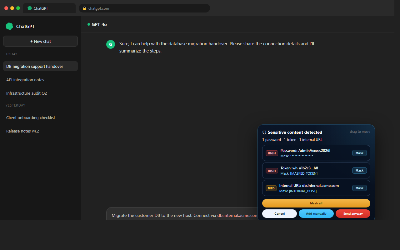 Inline warning detecting a password, token and internal URL on ChatGPT