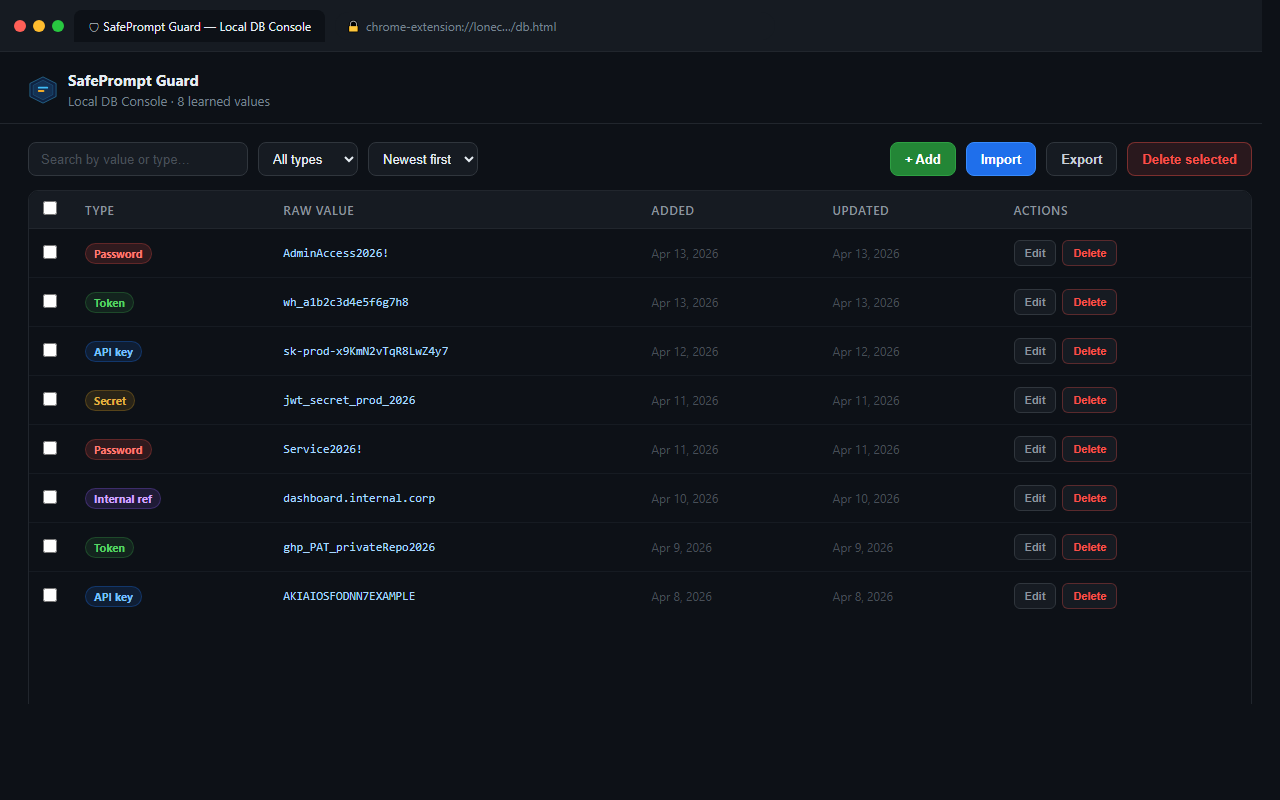 Local DB Console showing 8 learned values