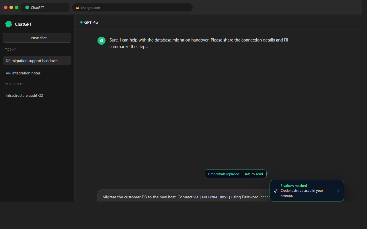 Prompt after masking — credentials replaced with safe placeholders